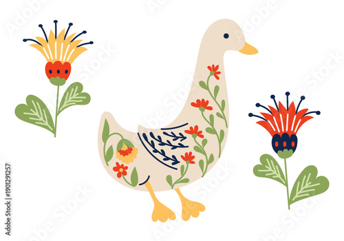 Folk style goose with floral ornament isolated on white background in flat hand drawn vector illustration. The image represents nature, countryside, spring mood and traditional decorative animal art