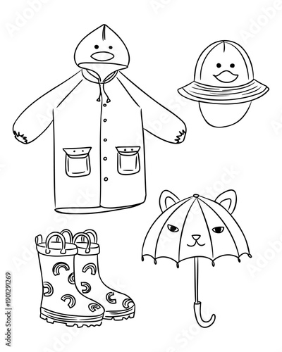 Hand drawn set of cute kids rain clothes including coat, hat, boots and umbrella in simple outline vector style isolated on white background. The image represents childhood, rainy weather play