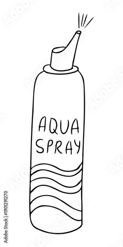 Hand drawn aqua spray bottle with nozzle and water wave label in simple outline vector illustration isolated on white background. The image represents hygiene, care, freshness and daily personal use