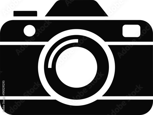 Minimalist black outline camera icon symbolizing digital photography, image capture, and social media sharing functions, perfect for modern UI/UX design elements.