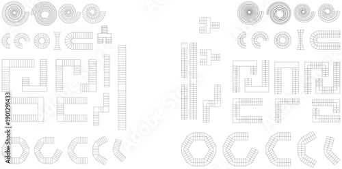 Type of stairs, architectural Geometric elements for staircase, blueprint, customizable stroke, vector, illustration of house floor plan
