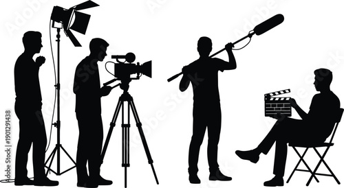 Film production crew silhouettes with cameraman, boom microphone operator, director chair and clapperboard, professional movie set behind the scenes concept isolated on white background.