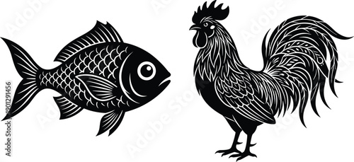 Black and White Vector Illustration of a Fish and Rooster in Traditional Linocut Style Isolated on a Plain White Background