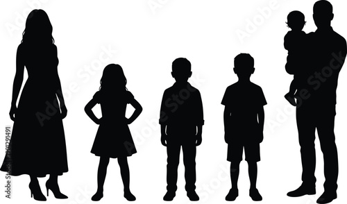 Family silhouettes with parents and children, mother father holding baby, kids standing, black figures, isolated on white background, parenting concept
