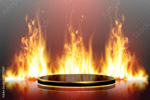 Fire podium with flames and burning background.