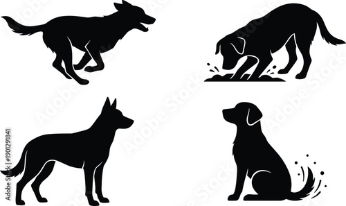 Black Dog Silhouettes Set with German Shepherd and Labrador Retriever Puppies Running Digging Standing and Sitting Icons for Vector Design