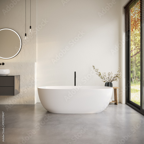 Minimalist bathroom interior with white freestanding bathtub and concrete floor realistic 3d render