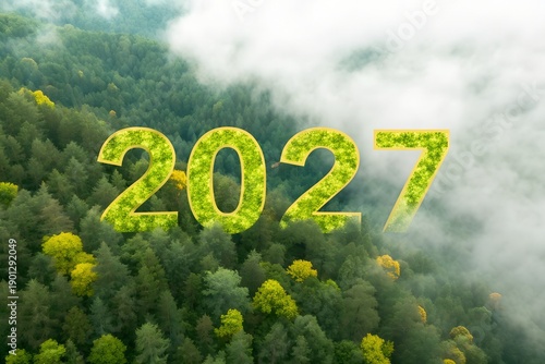 Aerial view of forest with 2027 made of green leaves and fog