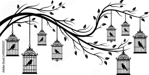 Black silhouette of bird cages hanging from tree branches with leaves decorative wall decal art vector illustration for interior design