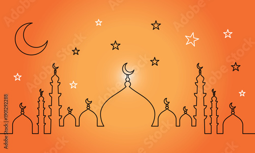 Islamic mosque silhouette at night with crescent moon and stars