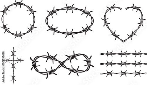 Set of barbed wire shapes circle, oval, heart, cross, infinity symbol, and straight lines grunge, prison, or danger themed vector elements