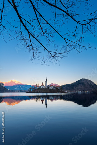 View of Lake Bled and its island with the Church of Our Lady on the Lake, Slovenia
