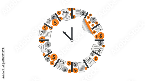 Tax Deadline Clock: Time Management Concept with Dollar Coins and Tax Forms. Vector Illustration for Financial Planning and Accounting Schedule Pressure.
