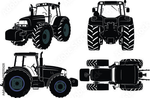 Black tractor silhouettes set with front side back and top view icons for agricultural farming machinery industrial equipment and rural field work graphic design projects
