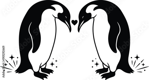 Minimalist black and white vector illustration of two emperor penguins in love with a heart and decorative sparkles and stars