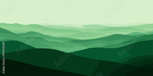 A vibrant summer landscape illustration features a green grass meadow and rolling hills under a blue sky with white clouds and a bright sunrise over distant mountains