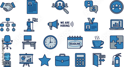 Comprehensive Collection of Business and Employment Flat Icons Representing Office Work and Human Resources Concepts