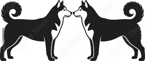 Symmetric black and white vector illustration of two Siberian husky dogs standing nose to nose in a minimalist profile silhouette