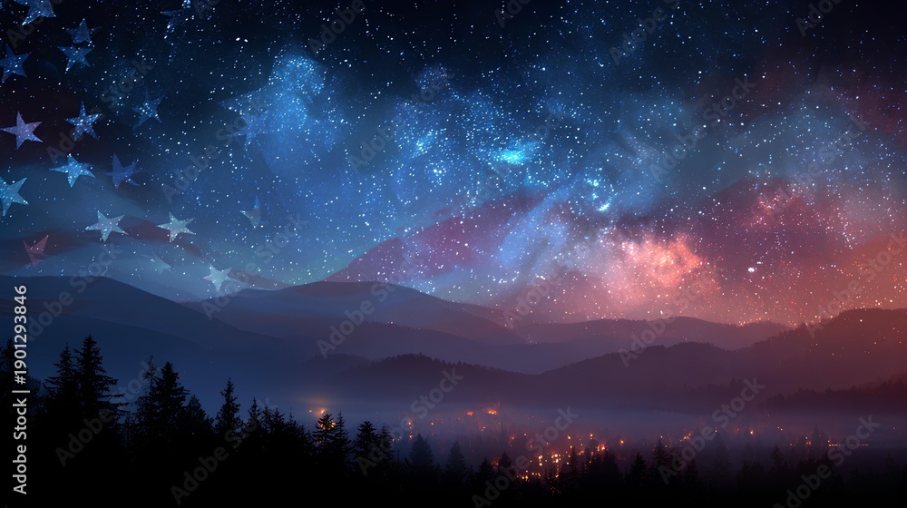 Fototapeta premium Night Sky and Hills: A captivating landscape depicts a night sky ablaze with stars, interwoven with the silhouette of a mountain range, evoking a sense of wonder and freedom.