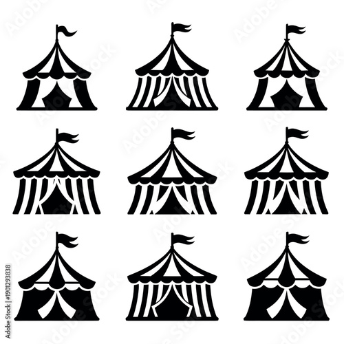 Collection of nine black and white circus tent icons displayed in a three by three.
