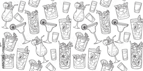 Alcoholic cocktails hand drawn seamless pattern. Vector illustration. Engraved style. Design template.