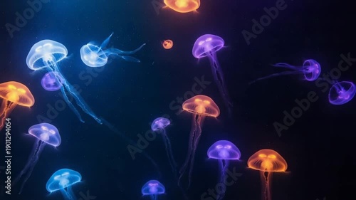 Colorful jellyfish swimming in dark water with glowing light  