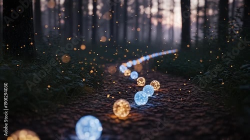 Enchanted forest path illuminated by glowing orbs at dusk  