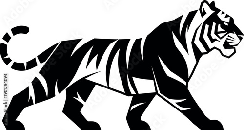 Stylized Black and White Tiger Silhouette Vector Illustration Walking Profile for Logo Mascot and Tribal Tattoo Design