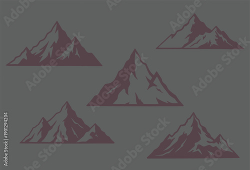 Five mountain peaks in a triangular formation on a gray background
