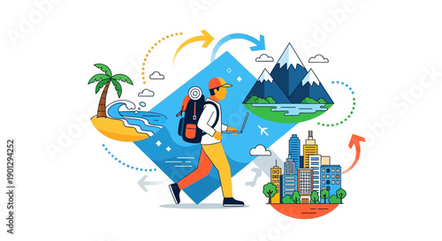 A vibrant flat design illustration capturing the essence of the digital nomad lifestyle, showcasing a person working flexibly while traveling the world. 