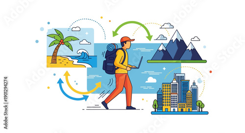 A vibrant flat design illustration capturing the essence of the digital nomad lifestyle, showcasing a person working flexibly while traveling the world. 