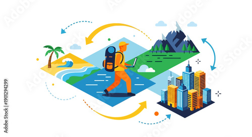 A vibrant flat design illustration capturing the essence of the digital nomad lifestyle, showcasing a person working flexibly while traveling the world. 