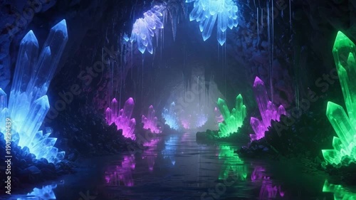 Colorful crystal cave illuminated by glowing gemstones and reflections  