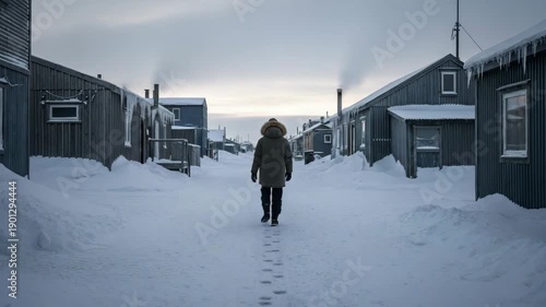 Person walking in snow-covered village during winter evening  