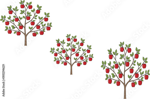 Set of Apple Trees with Red Apples and Green Leaves for Orchard, Agriculture, Nature, Farming, and Botanical Vector Illustration.
