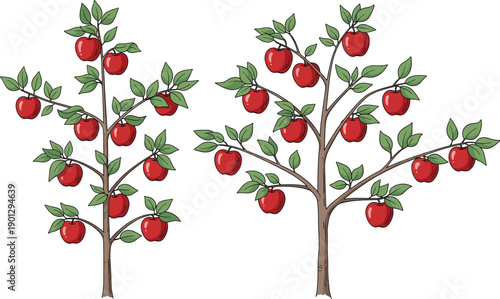 Set of Apple Trees with Ripe Red Apples and Green Leaves for Orchard, Agriculture, Nature, Farming, and Botanical Vector Design.