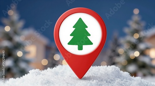 A red location pin with a green Christmas tree icon stands in a snowy landscape with blurred trees and lights in the background.