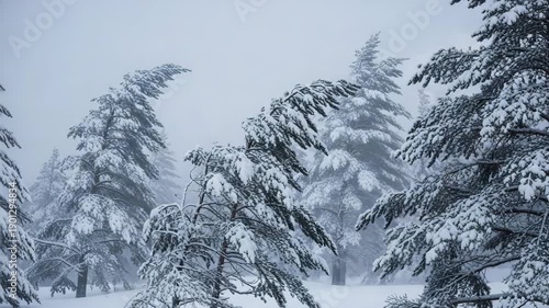 Snow-covered trees swaying in strong wind during winter storm  
