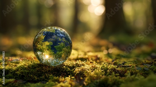 Crystal globe glass on green in forest for sustainability environmental, clean energy, and eco-friendly. Green business. carbon reduction to net zero. Earth Day, and ESG concept.