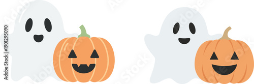 Cute Halloween ghost and jack o lantern pumpkin vector set, minimalist flat and colorful gradient spooky characters for autumn holiday stickers and seasonal decor