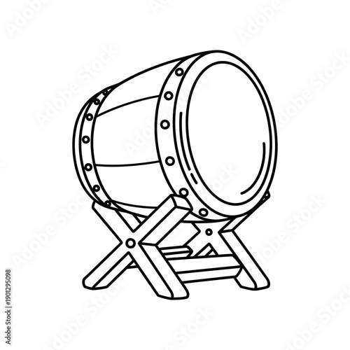 Illustration of a drum on a stand, viewed from the side, showcasing its wooden structure and metal rings.