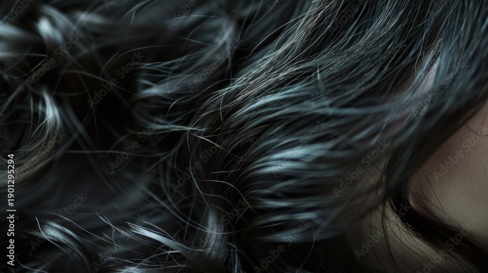 Naklejka premium Dark hair with silver strands creates a mysterious play of light, which is suitable for an artistic background in cosmetics advertising or fashion magazines.