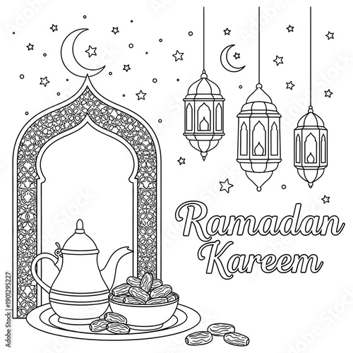 Elegant ramadan kareem illustration featuring lanterns and traditional tea set