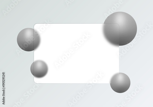 Modern futuristic background in glass morphism style with translucent glass panel and volumetric grey spheres. Eps 10