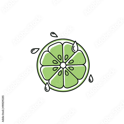 A green lime slice illustration with juice droplets on white background