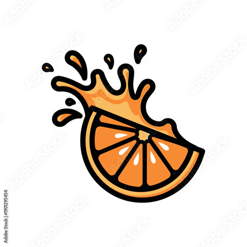 Vibrant orange slice with splashing juice, isolated on white background, illustrated artwork.