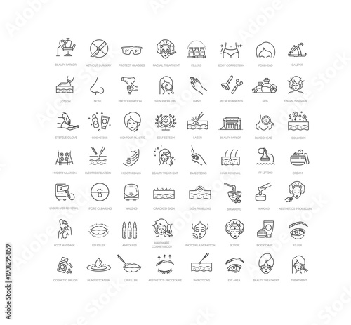 Beauty therapy. Skin care icons outline set