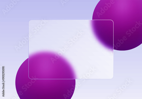 Rectangular frosted glass partially overlapping large purple volumetric spheres. Eps 10