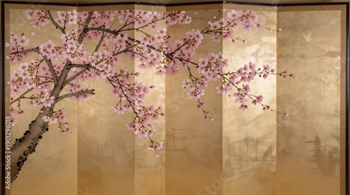 A traditional Japanese screen with a beautiful cherry blossom tree in bloom