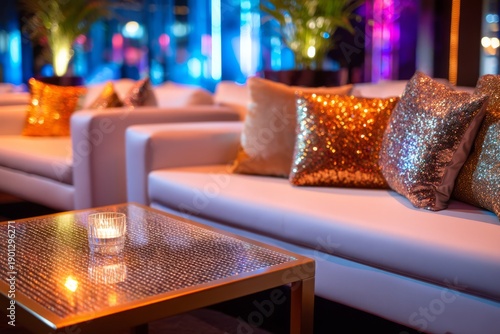 Elegant Modern VIP Lounge with Glittery Decor and Stylish Seating Arrangements